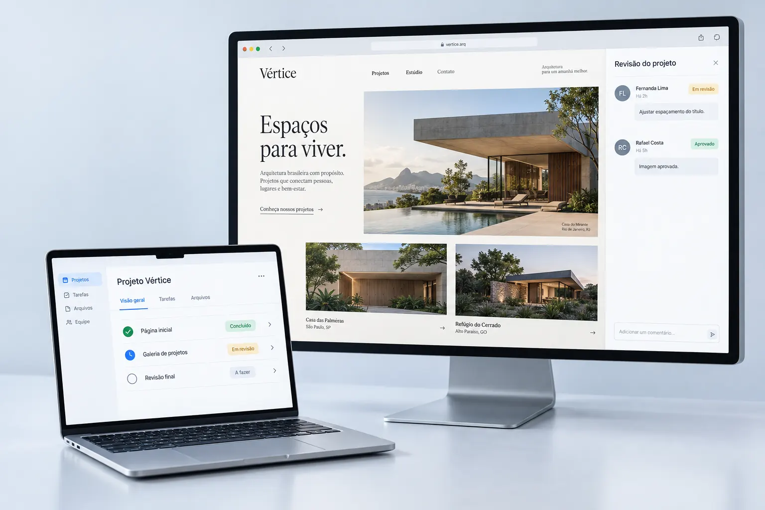Conceito de site de arquitetura em um monitor, comentários de aprovação e painel de tarefas no notebook