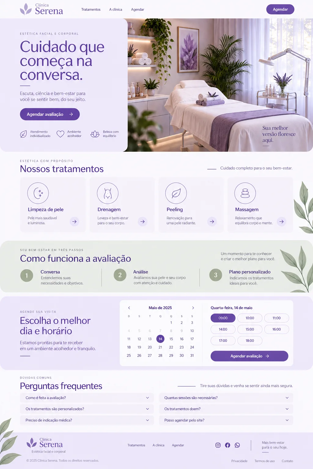 Site fictício de Clínica Serena: tratamentos, etapas da avaliação e agendamento com calendário