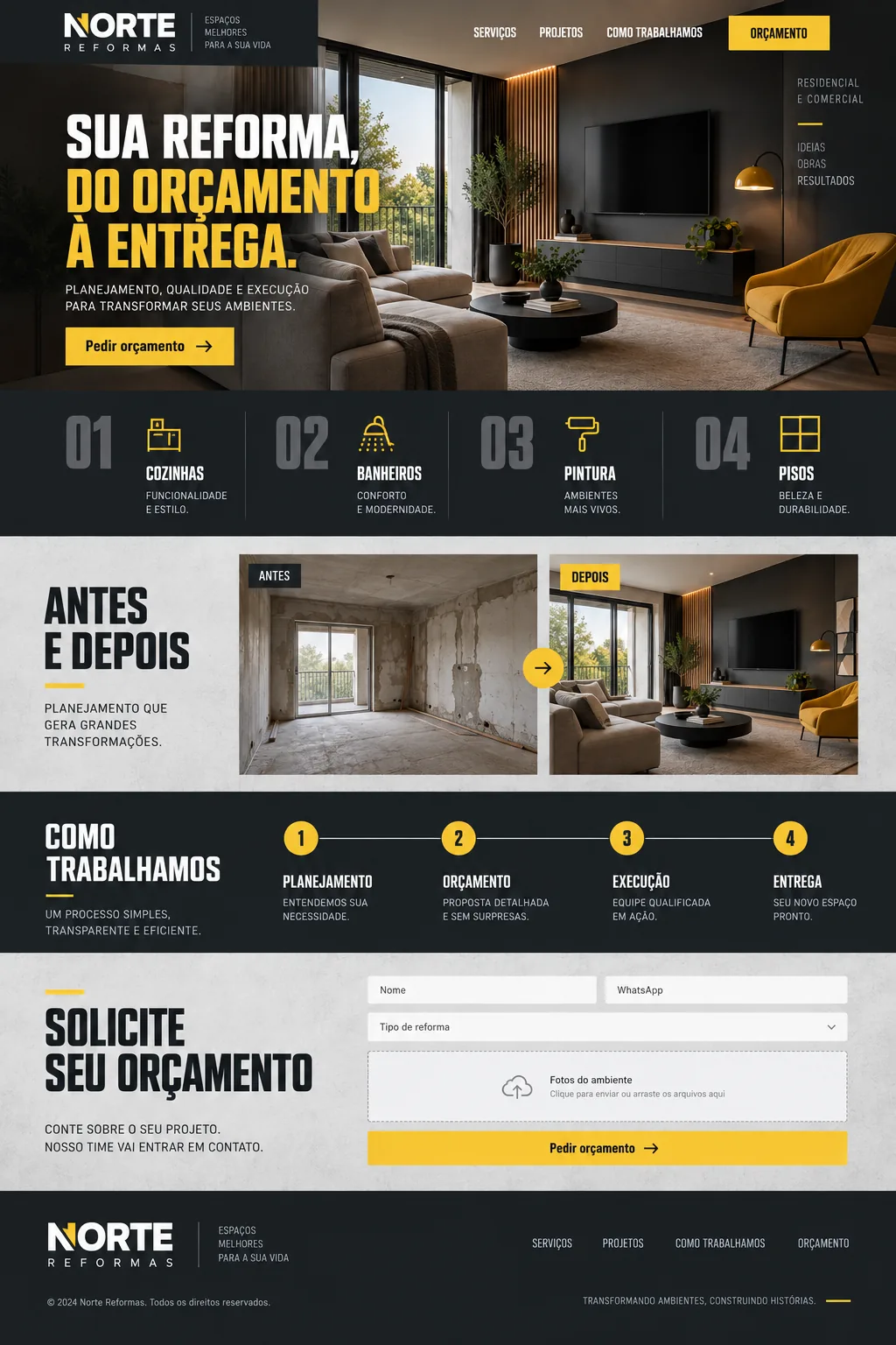 Site fictício de Norte Reformas: serviços, antes e depois, etapas da obra e formulário de orçamento